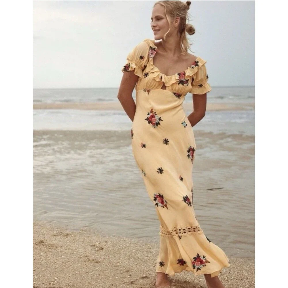 Free People Bali Santa Cruz Ruffle Maxi Dress S Yellow Floral Puff Sleeve Boho